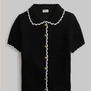 J. Crew Factory short sleeve black crochet sweater trimmed in white size M